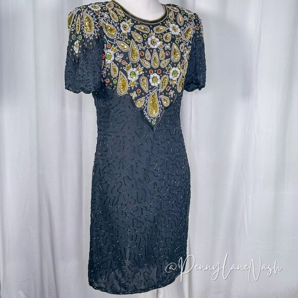 Laurence Kazar Vintage 80s Silk Bead-Sequin Dress Black - Picture 3 of 14